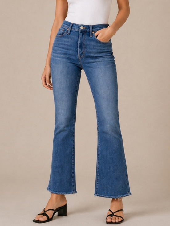 Madewell Denim - Madewell Blue Denim High-Rise Cali Demi-Boot Flare Raw Hem Jeans Womens 27 Ankle